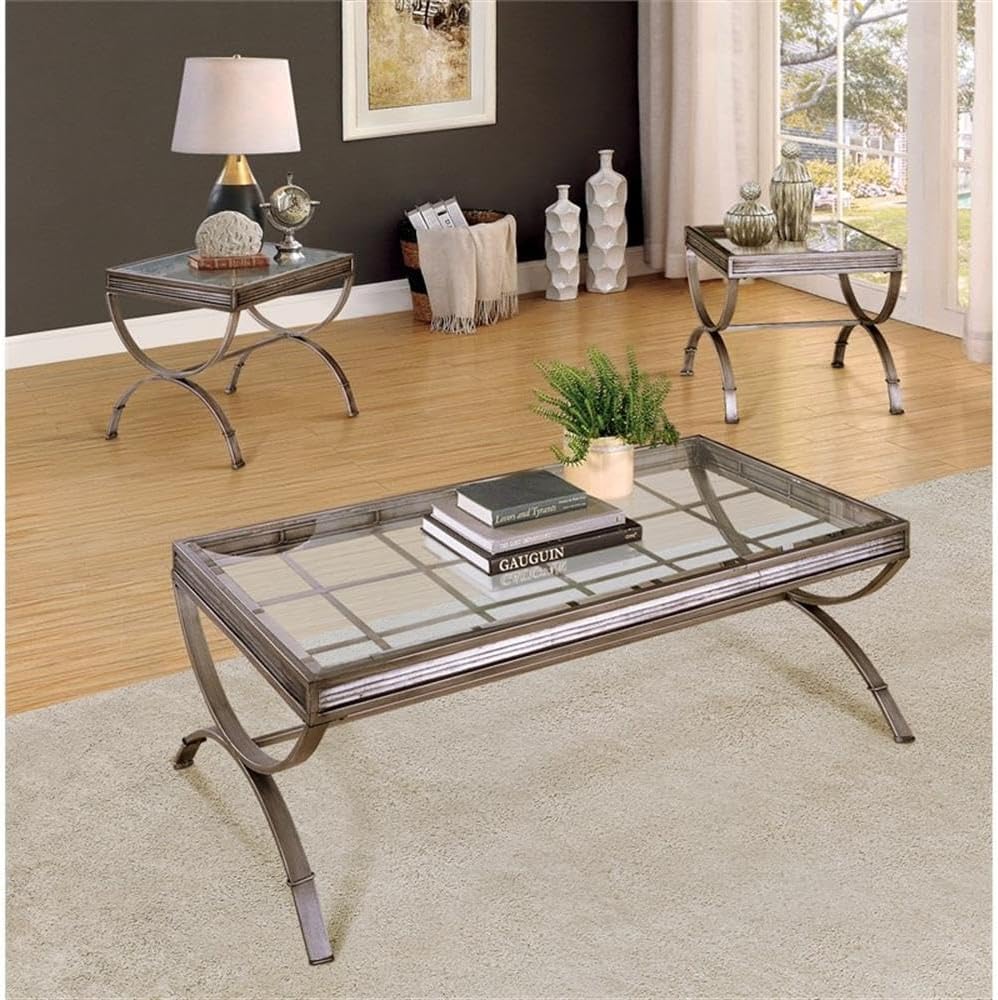 BOWERY HILL 3 Piece Coffee and End Table Set, Silver Finish, Metal Hourglass ...