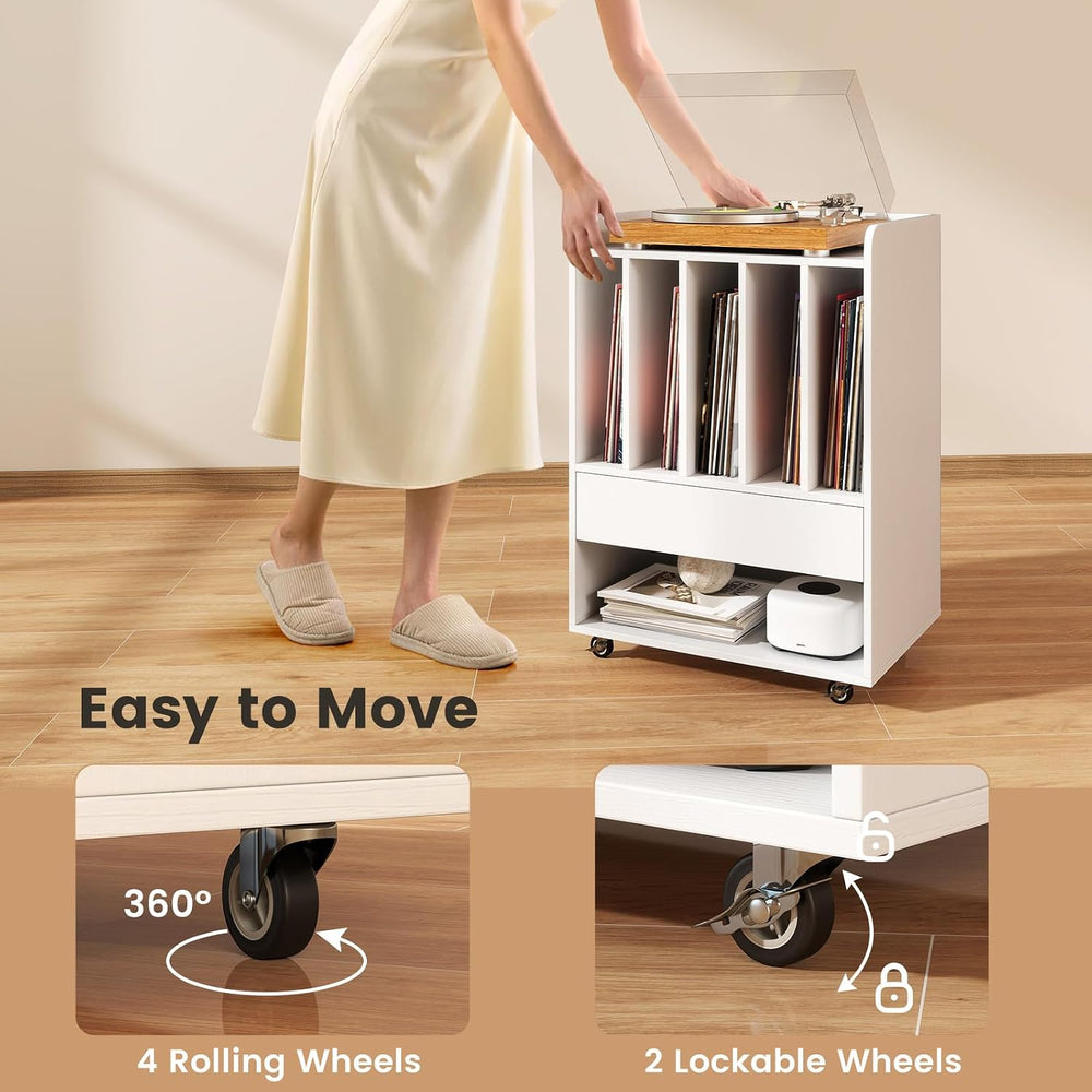 LOKO Record Player Stand On Wheels, Rolling Turntable Stand with 5 Compartmen...