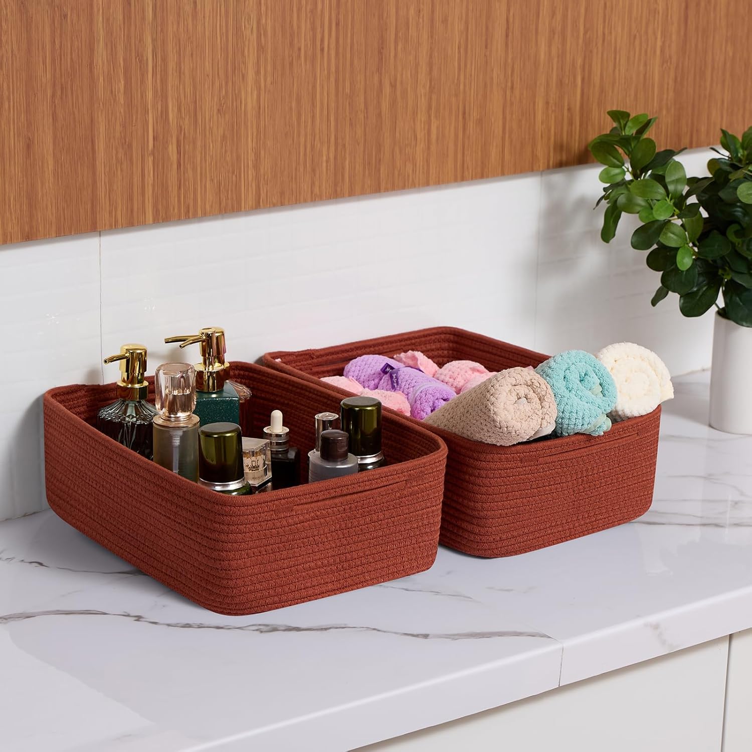Large Shallow Organizing Baskets 15x11x5.1 Inches - Rope Woven Storage Bins for Bathroom, Shelves, Cube Closet, Red 4 Packs