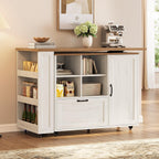 72" Rolling Kitchen Island with 360° Swivel Table & Power Outlet, Farmhouse Mobile Island Table with Storage Cabinet on Wheels, Wood Island Cart with Spice Rack for Kitchen,Dining Room,White