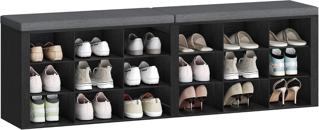 Hzuaneri Shoe Storage Bench with Cushion, Entryway Storage Bench with 18 Cubbies, 9.5" Widened Organizer Cabinet, Long Cubby Rack for Living Room, Bedroom, Entryway, Black SB25704GY | 9.5" Widened Organizer Cabinet, large Cubby Shoe Rack for Living Room