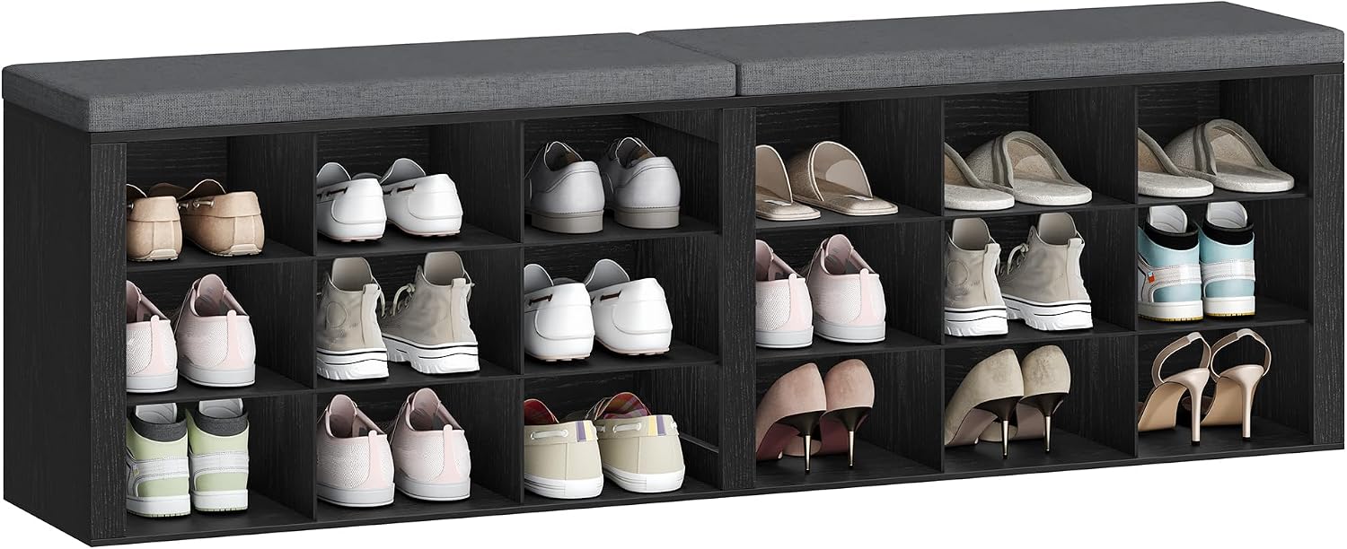 Hzuaneri Shoe Storage Bench with Cushion, Entryway Storage Bench with 18 Cubbies, 9.5" Widened Organizer Cabinet, Long Cubby Rack for Living Room, Bedroom, Entryway, Black SB25704GY | 9.5" Widened Organizer Cabinet, large Cubby Shoe Rack for Living Room