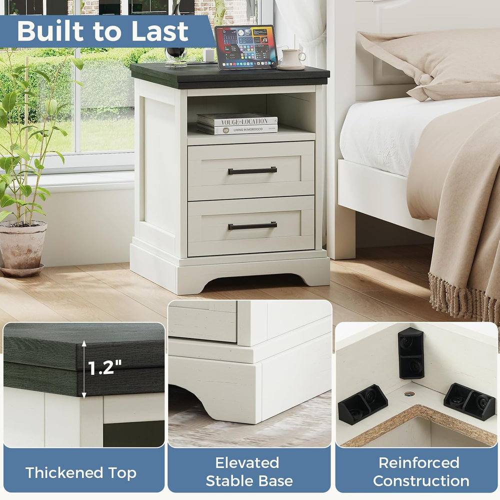 DUMOS Farmhouse Nightstand with Charging Station & USB Ports