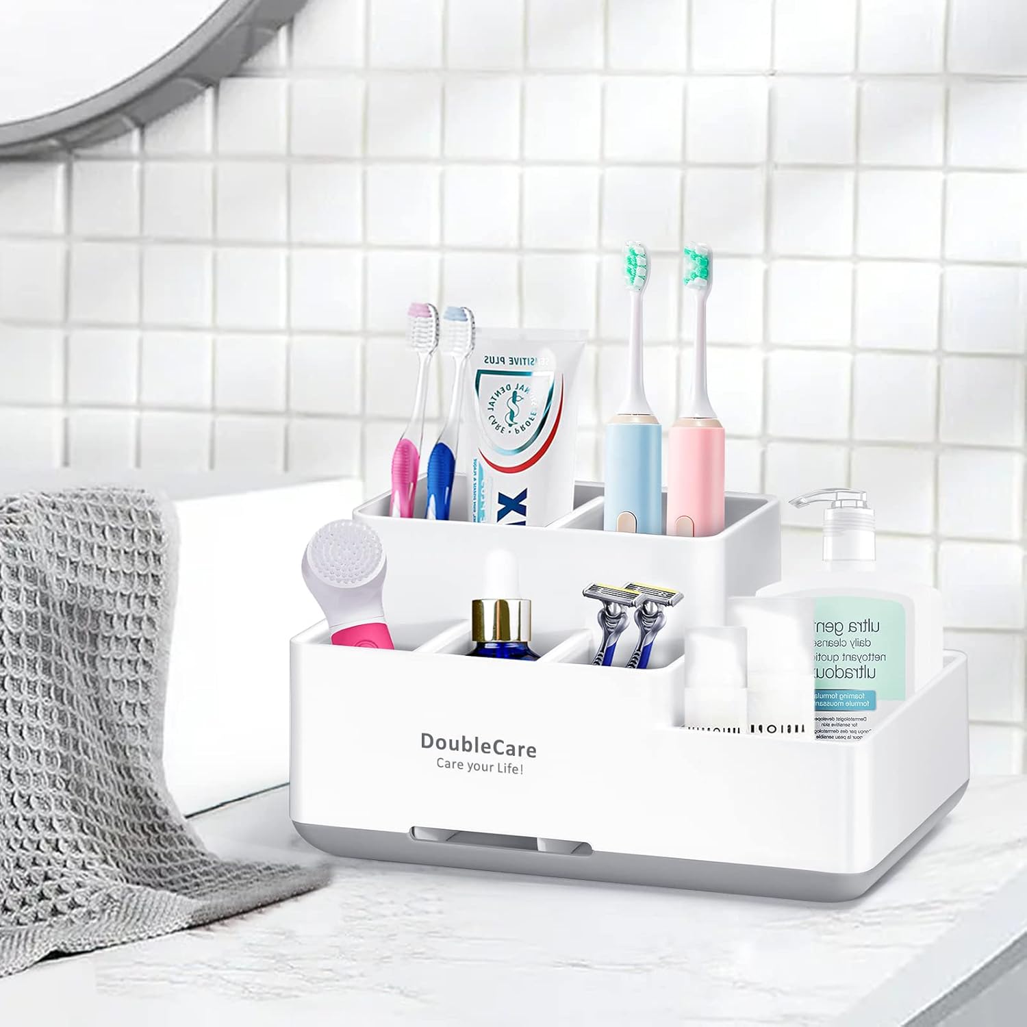 Toothbrush Holder with Anti-Slip, Bathroom Organizer Countertop Detachable for Easy Cleaning, Multifunctional Storage, Bathroom Caddy for Toothpaste, Shaver,Great for Home, Vanity Organizer, Office