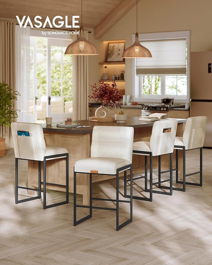 VASAGLE EKHO Collection - Bar Stools Set of 4, Counter Height Stools with Backs, 26.4-Inch Barstools Chairs, Synthetic Leather with Stitching, Mid-Century Modern, Dining Kitchen Island, Cream White