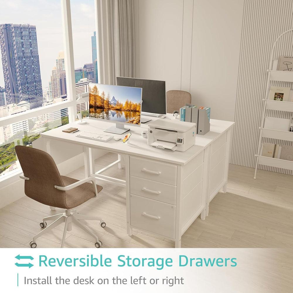 Lufeiya White Desk with File Drawers Cabinet, 47 Inch Reversible Computer Des...