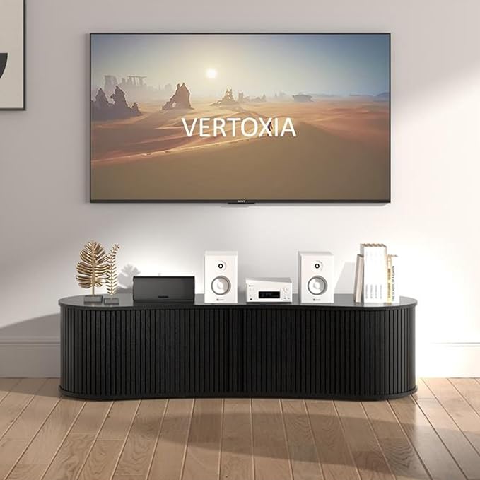 Fluted TV Stand with Storage Cabinet, 59″ Media Console with Sliding Tambour Door, Mid Century Modern Entertainment Center for Living Room, Oval Light Wood TV Stand for Bedroom, Black
