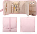 Voova Travel Jewelry Holder Organizer Case, Small Jewelry Storage Bag for Women Girls, Foldable Traveling Jewellery Pouch Roll for Necklaces Rings Earrings Bracelets, Mini, Light Pink
