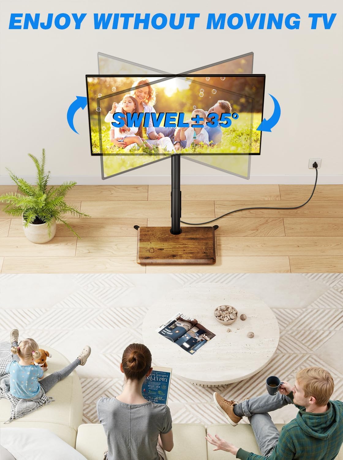 Rfiver Swivel Floor TV Stand with Power Outlet for 32-65 inch TVs, Height Adjustable Tall TV Stand with Wood Base, Hold Up to 88lbs, Saving Space Design for Bedroom, Living Room and Corner (Brown)