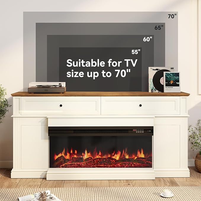 63" Farmhouse TV Stand with Fireplace for TVs up to 70", Media Entertainment Center with Adjustable Shelves, Farmhouse TV Console for Living Room, White & Black
