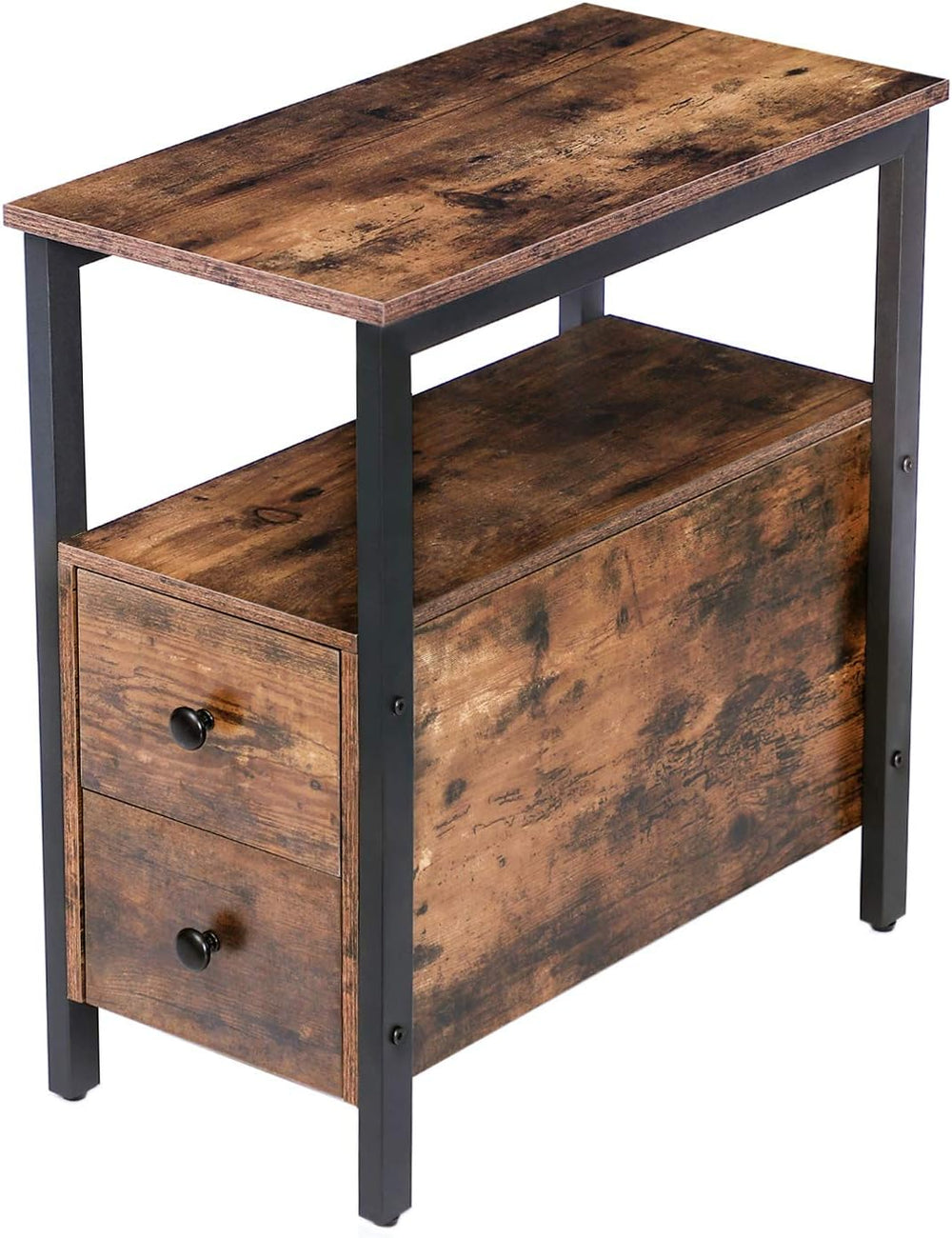 HOOBRO End Table, Narrow Chairside Table with Drawer and Open Storage Shelf, ...