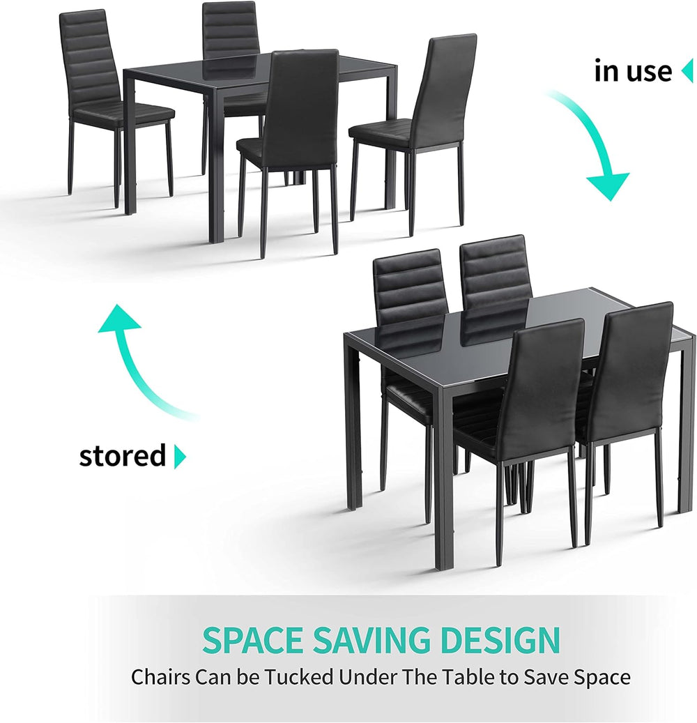 Gizoon Black 5 Piece Glass Dining Table Set | Kitchen Table and Chairs for 4