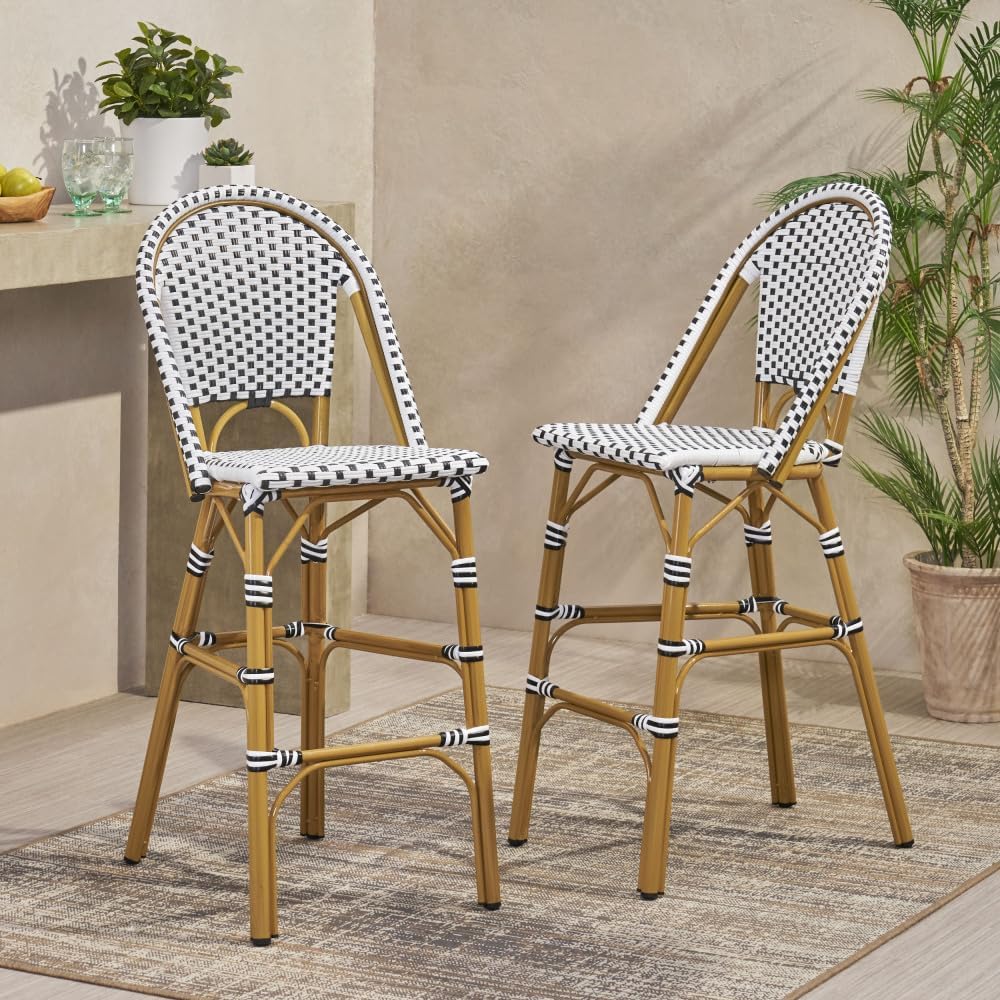 Saiveina 29.5" Outdoor PE Rattan French Barstool, White and Black, Alumi...