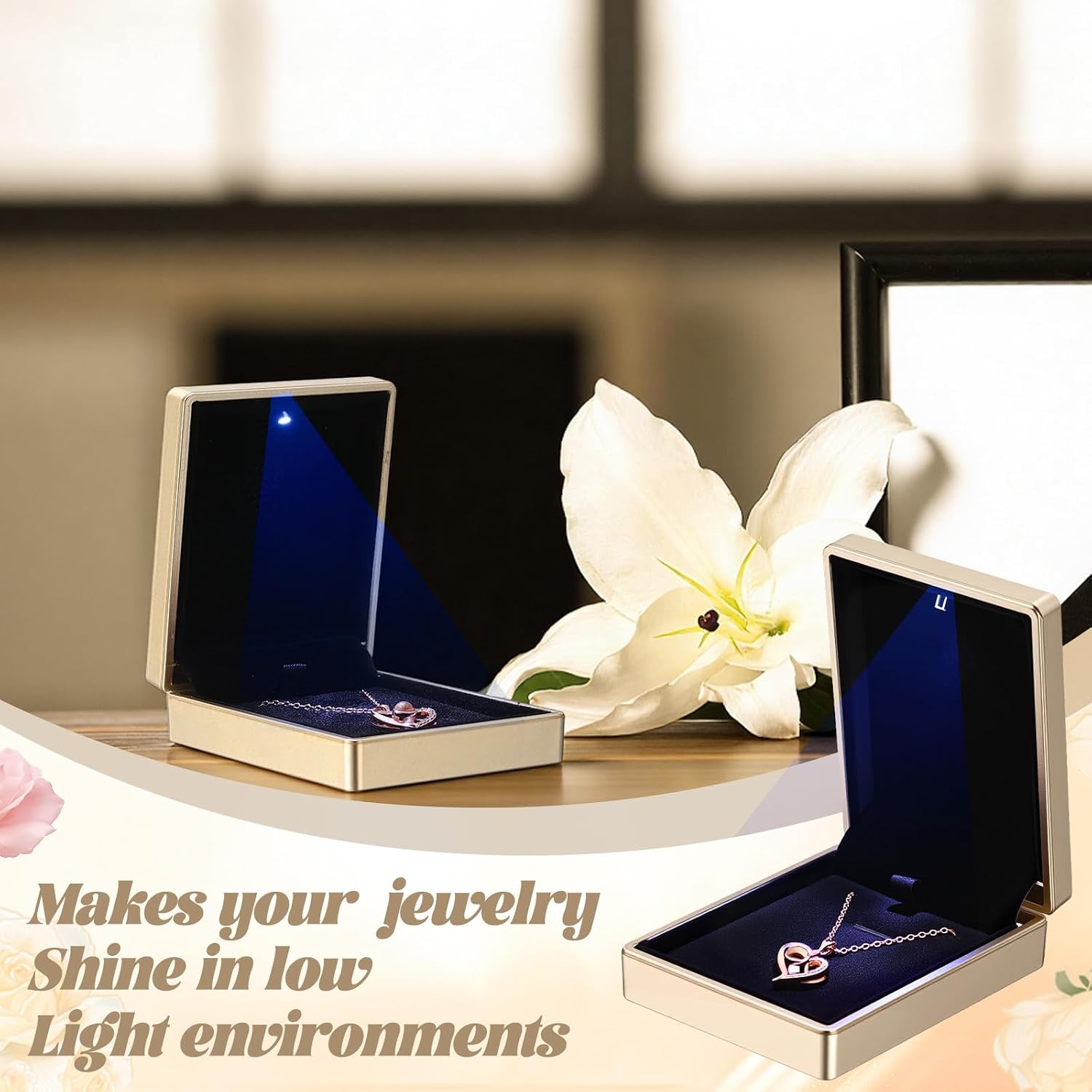 10 Pcs Pendant Necklace Box with LED Light Velvet Necklace Case for Pendant Bracelet Ring Earring, Jewelry Storage(Gold)