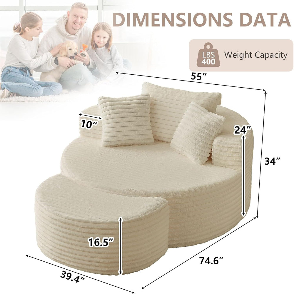 74.6" Oversized Round Chaise Lounge Chair with Ottoman Indoor, Fluffy Up...