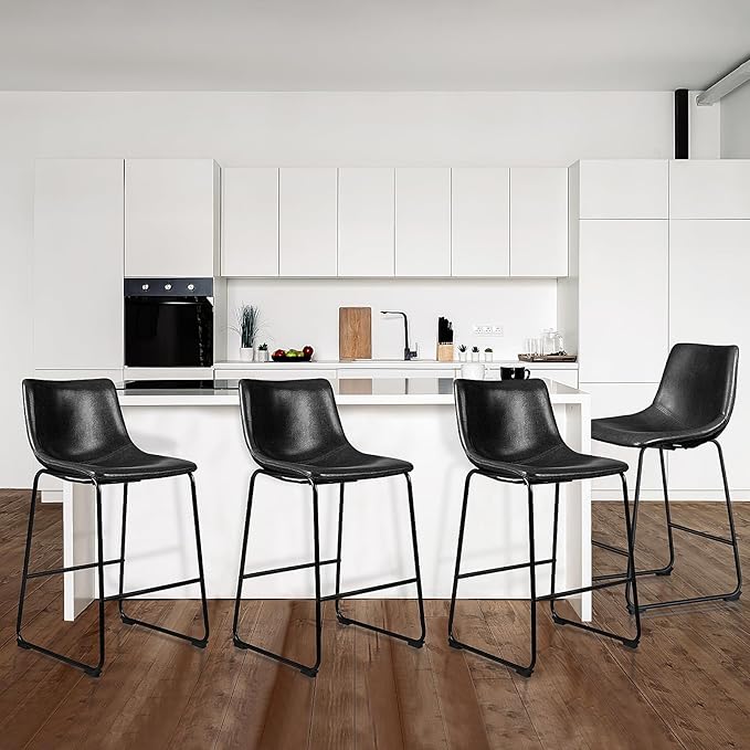 LEMBERI 26 inch Bar Stools Set of 4, Modern Counter Height Bar Stools, Faux Leather Barstool with Back and Metal Leg, Armless Bar Chairs for Kitchen Island (Black, 4pcs 26")