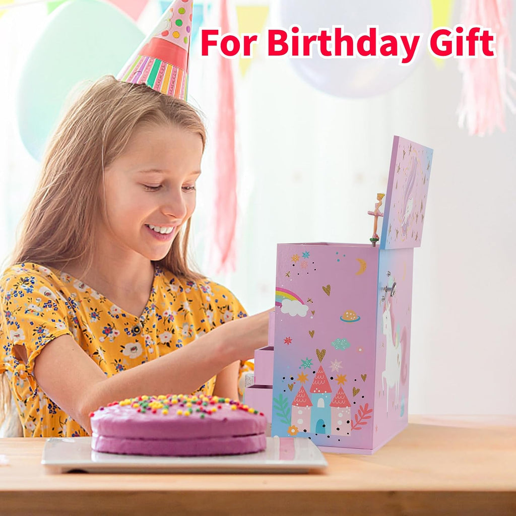Jewelry Box for Girls 5-Layer with Swing Door Spinning Ballerina Unicorn &Castle Design Unicorn Jewelry Set Included Kids Music Box for Little Girls Birthday Christmas Gift (Pink & Blue)