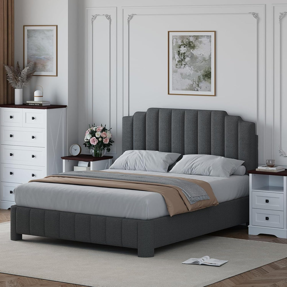 Queen Size Bed Frame with Adjustable Headboard, Grey Boucle Bed Frame