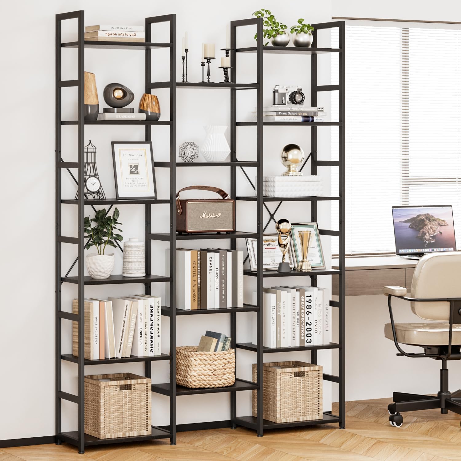 NUMENN Triple Column 6 Tier Bookshelf, Bookcase with 17 Open Display Shelves, Adjustable Rustic Industrial Style Book Shelves, Modern Bookshelves for Bedroom, Living Room and Home Office, Black