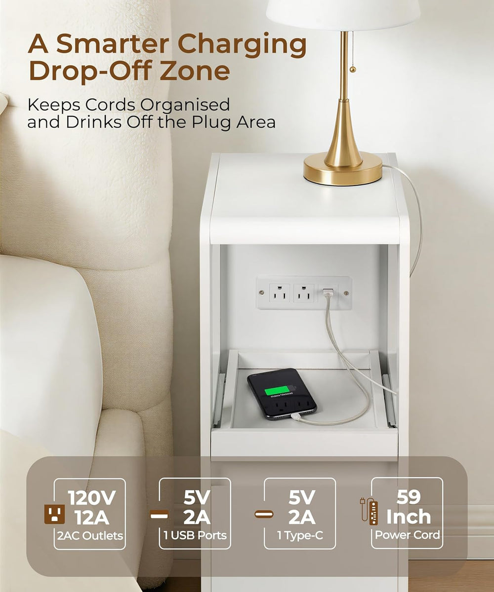 Narrow Side Table Small End Table with Charging Station White Skinny End Tabl...