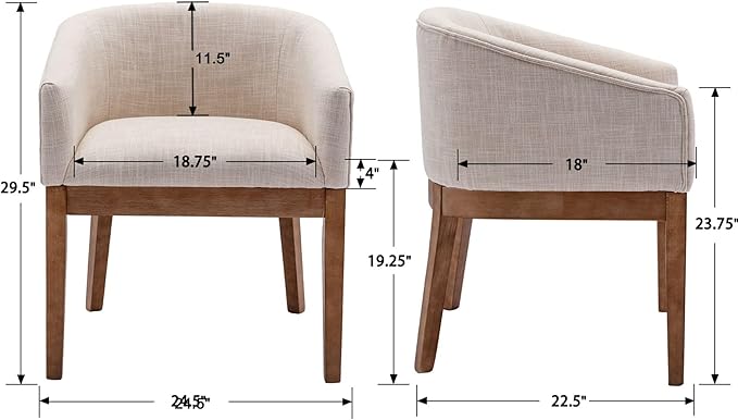Wahson Barrel Dining Chairs Set of 4, Beige Linen Upholstered Dining Room Chairs with Arms, Mid Century Farmhouse Kitchen Chairs with Natural Wood Legs, for Bedroom/Living