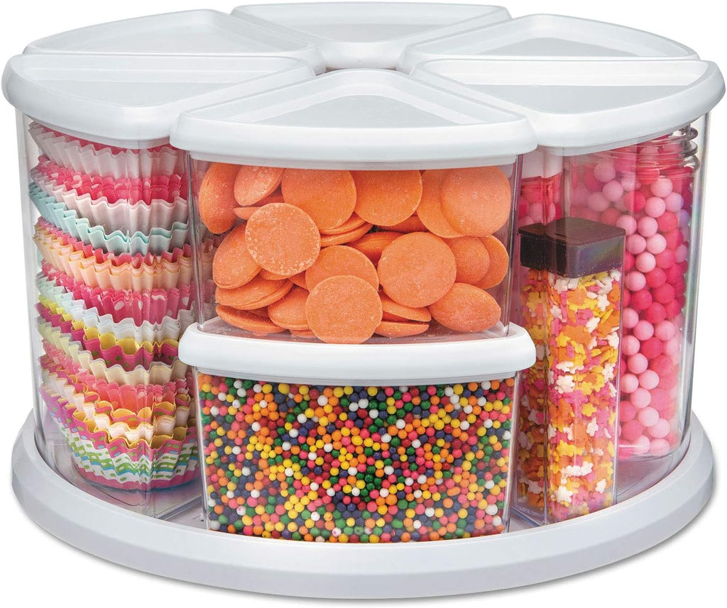 Deflecto Rotating Carousel Craft Organizer, 9-Canister, Includes 3" and 6" Canisters, Removable, Clear, Lids