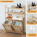 Double Tilt Out Laundry Hamper, Bamboo Hamper with 2 Removable Bags, Pull Out Laundry Hamper Cabinet, Bathroom Storage Shelf for Laundry Room, Living Room, Bedroom (3-Tier, Natural)