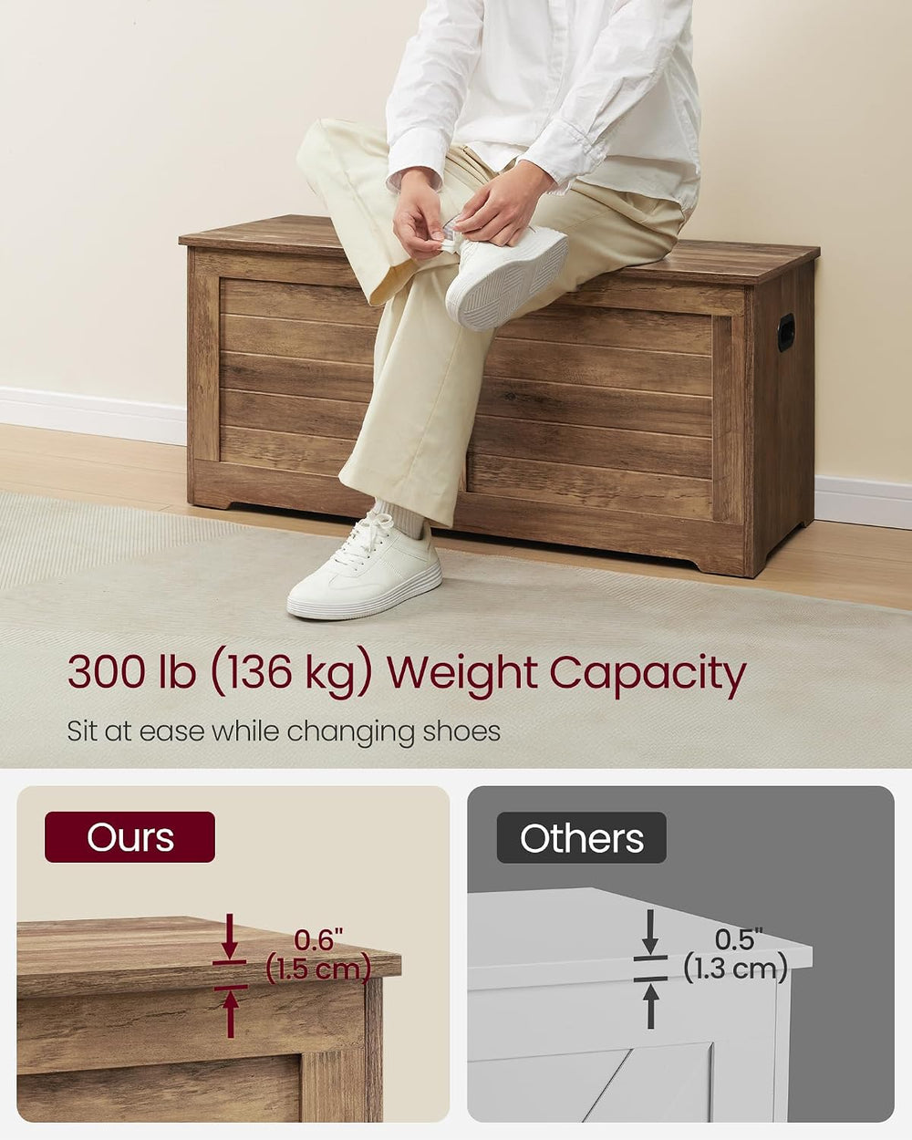 VASAGLE Storage Chest, 39.4 Inches Width Bench with 2 Safety Hinges | Farmhou...