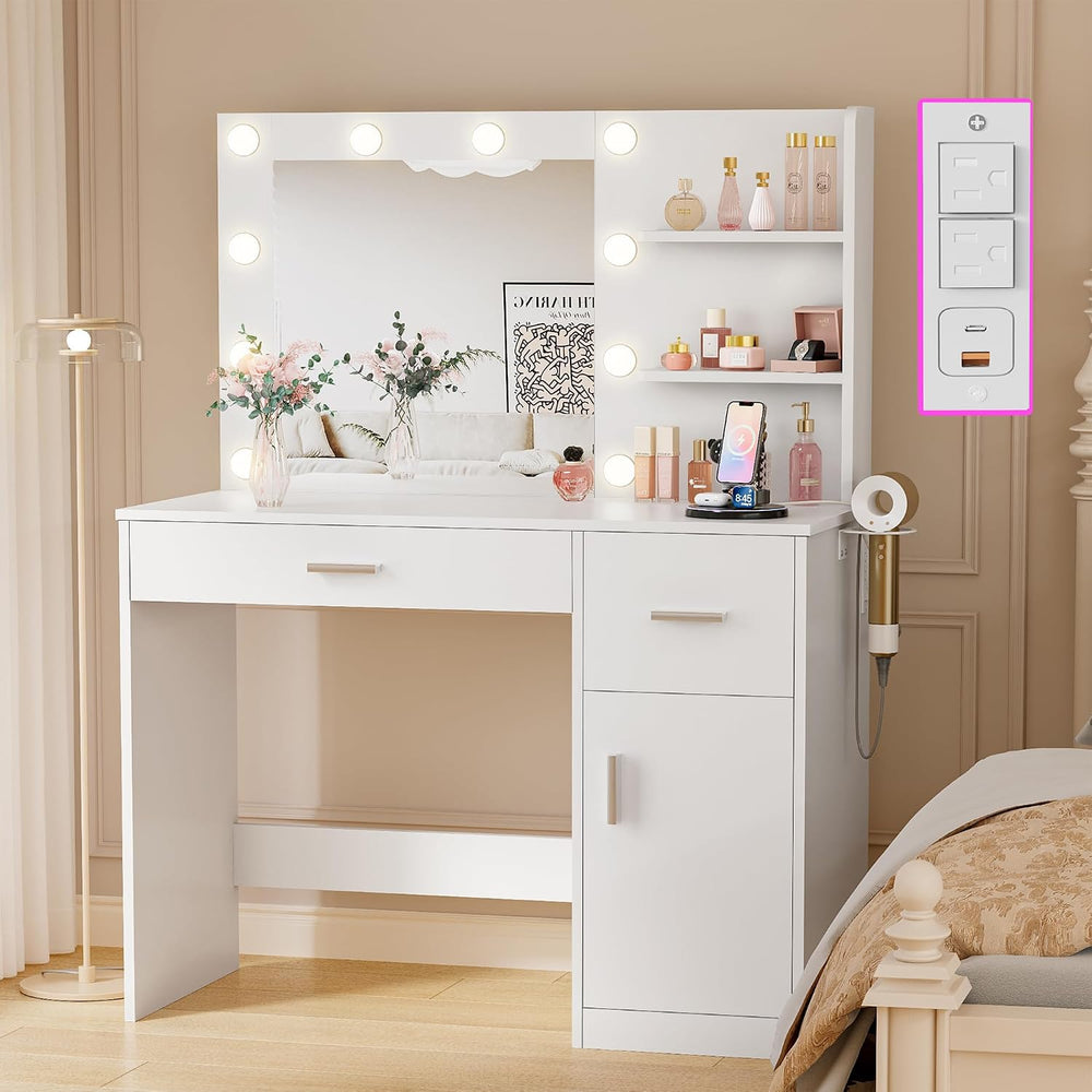 JUMMICO 35.4 Inch Vanity Desk with Mirror & Charging Station, White | LED...
