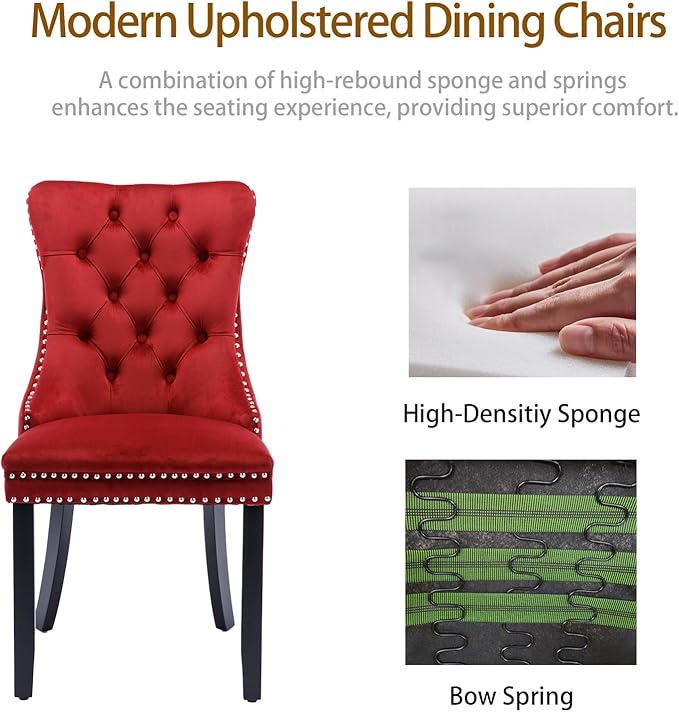 Velvet Dining Chairs Set of 2, Tufted Upholstered Dining Room Chairs with Back Ring Pull, Nailhead Trim and Solid Wood Legs, Modern Dining Chairs for Dining Room, Kitchen,Burgundy Red