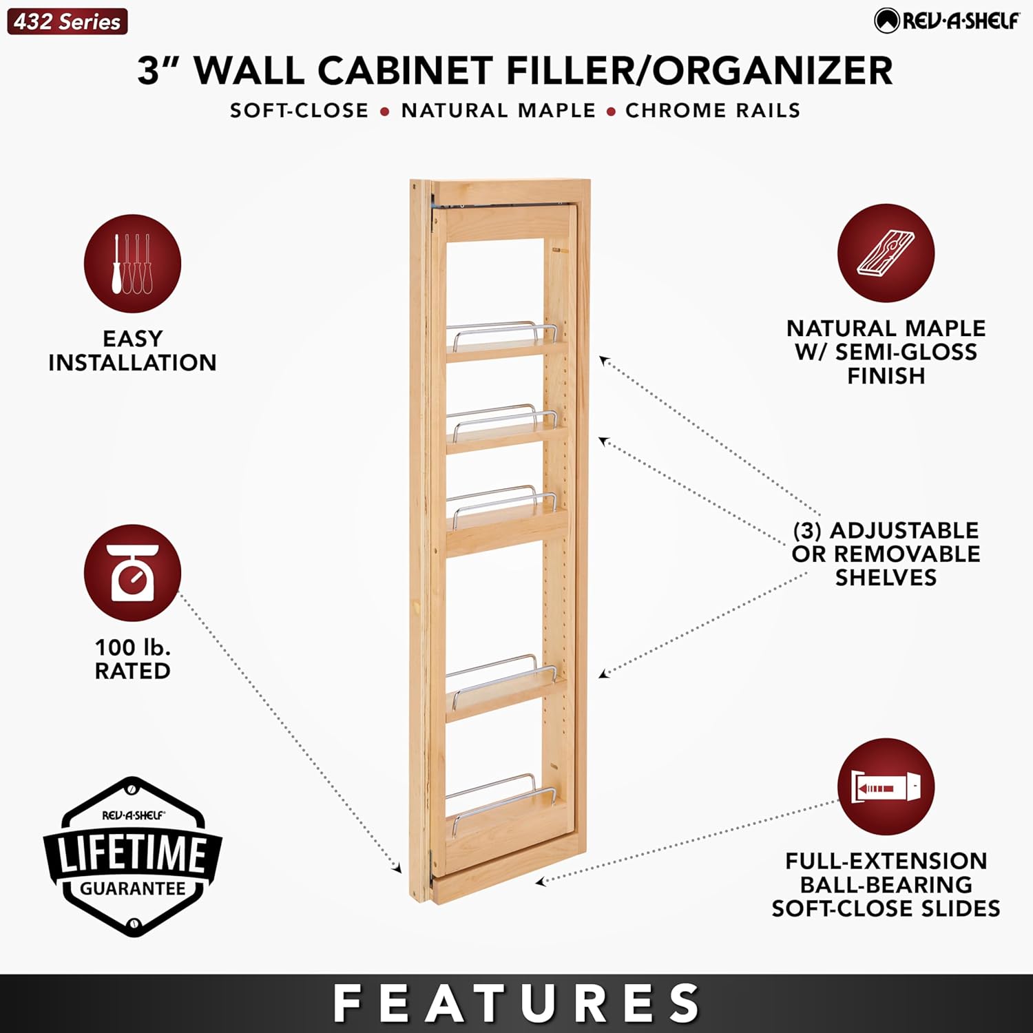 Rev-A-Shelf Kitchen Cabinet Pullout Wall Filler Wooden Organizer Slide Out Pantry Storage w/Soft-Close in Multiple Sizes, 3 x 42 in, 432-WFBBSC42-3C
