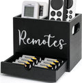 Remote Control Holder, 2 Slot TV Remote Holder& Desk Organizer with Drawers, Remote Organizer Caddy for Table, Wooden Remote Box for Nightstand,Media Storage Box for Living Room, Bed (Black)