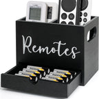 Remote Control Holder, 2 Slot TV Remote Holder& Desk Organizer with Drawers, Remote Organizer Caddy for Table, Wooden Remote Box for Nightstand,Media Storage Box for Living Room, Bed (Black)