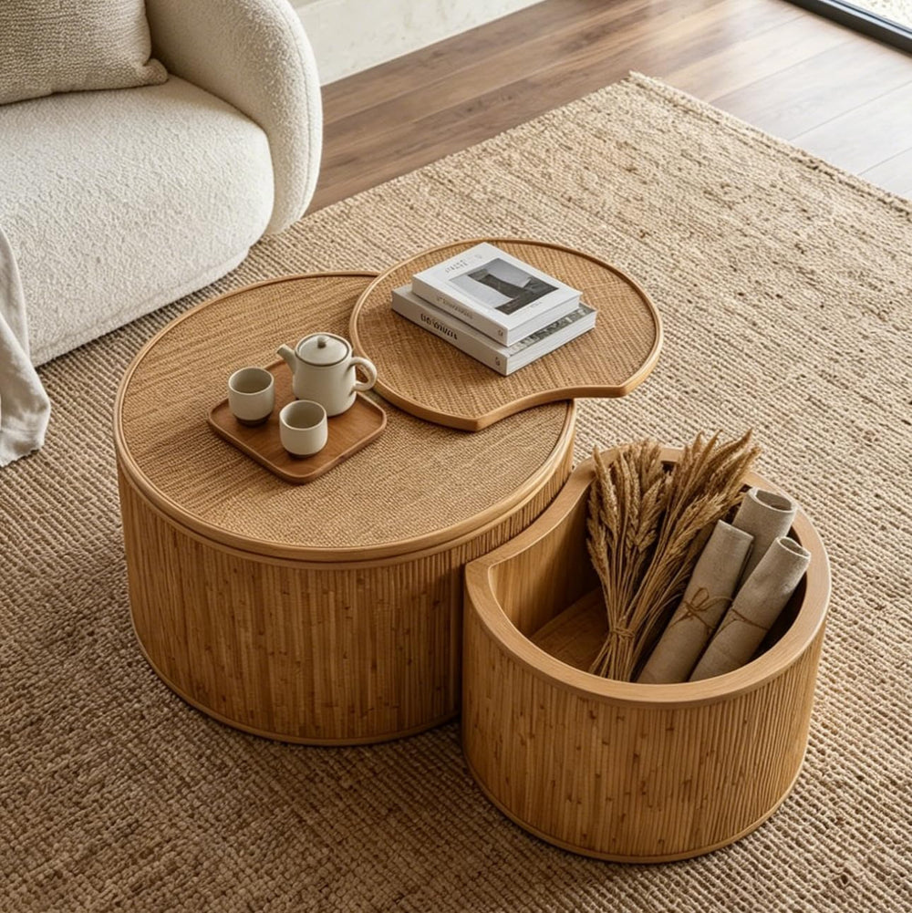 43.89'' Round Rattan Nesting Coffee Table with Flip-Top Storage Set o...