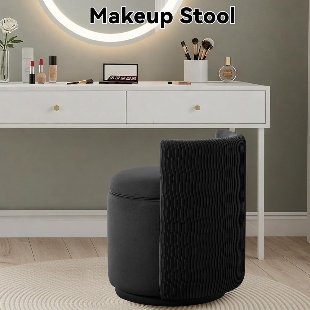 360° Swivel Velvet Vanity Chair with Storage, Barrel Makeup Chair with Wave B...