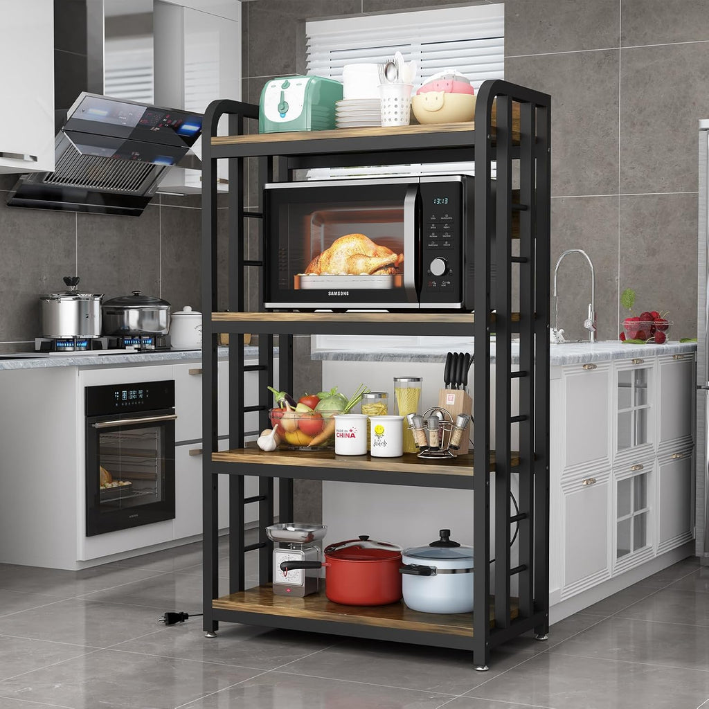 SIREDEEP Bakers Rack with Power Outlet ，4-Tier Kitchen Baker's Rack,Microwave Stand with Storage Suitable for Kitchen, Living Room, Dinning Room，Coffee Bar(Rustic Brown)