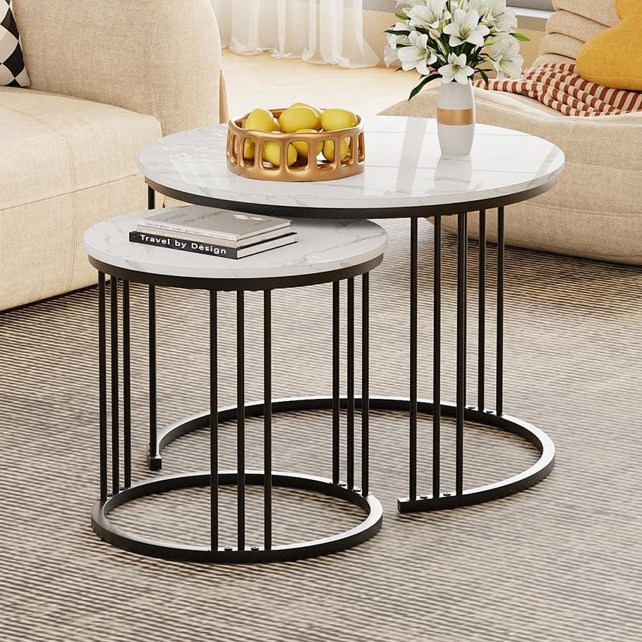 Garden 4 you Coffee Table Faux Marble Nesting Table for Small Place 2 Sets Mo...