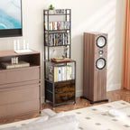 CD Rack and Storage with Two Drawers, 7-Tier DVD Shelf and Rack, CD Storage Tower and Holder for DVDs, Books and Media Games, Movie Collection and Decor, Ideal for Living Room, Home