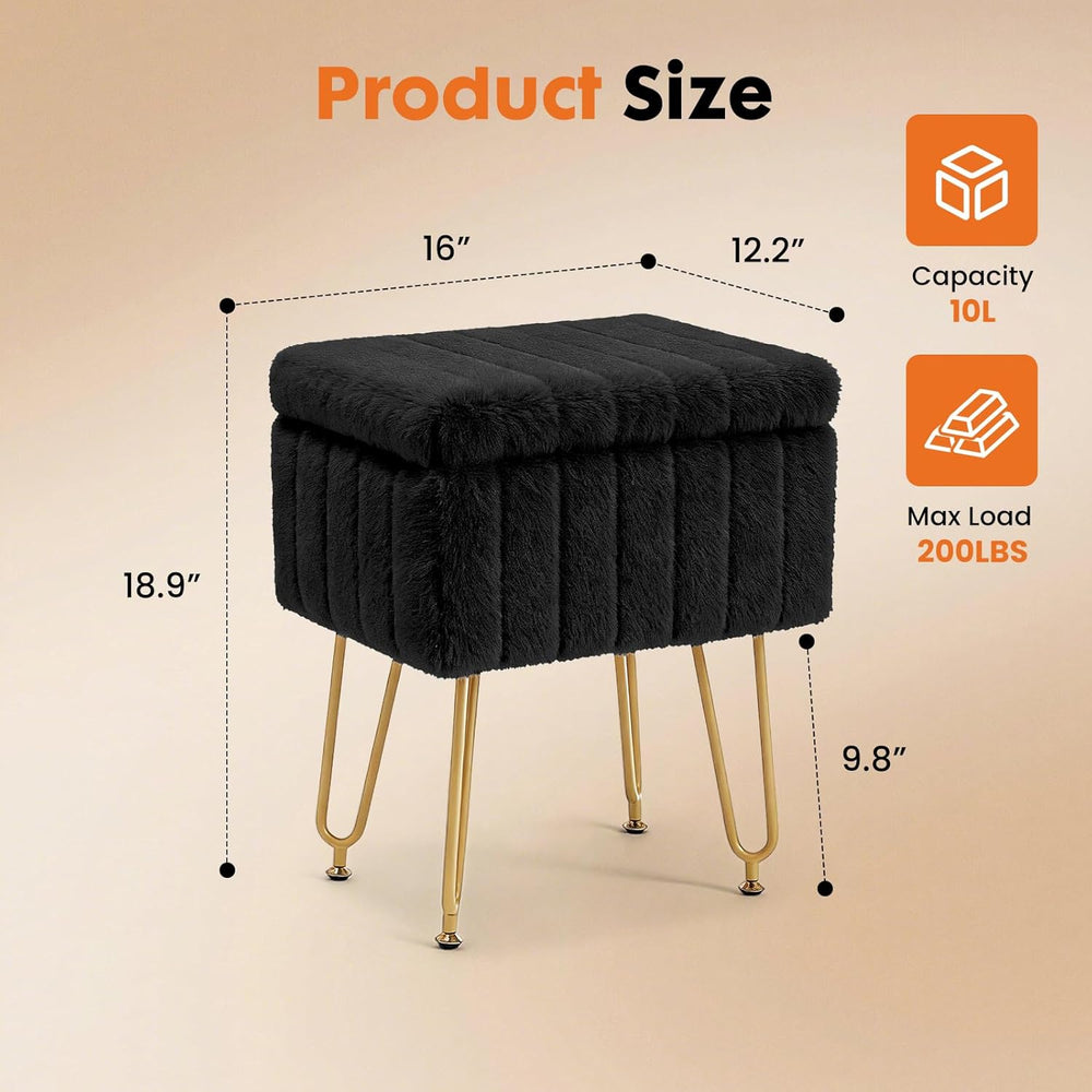 DUMOS Vanity Stool Chair with Storage, Small Ottoman Faux Fur Soft Padded Foo...
