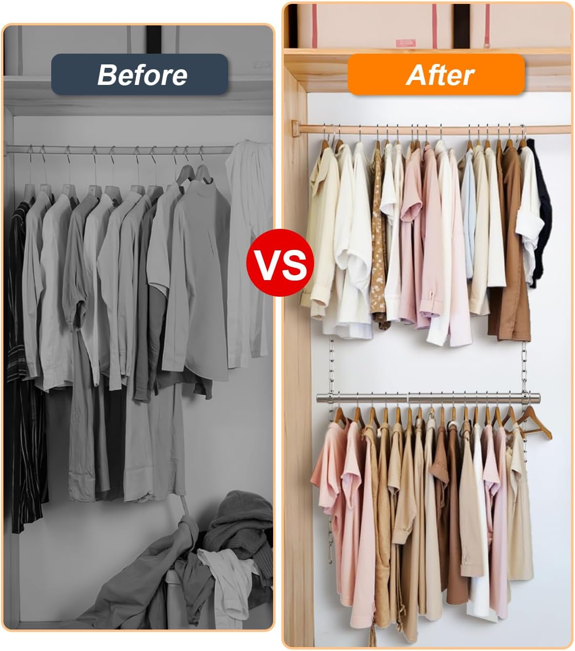 Hanging Closet Rod, Adjustable Width and Height Closet Rods Extender, 17-28inch Heavy-Duty Stainless Steel Bar, Space-Saving Closet Rod Hanging Clothes, 2Pack(Silver)