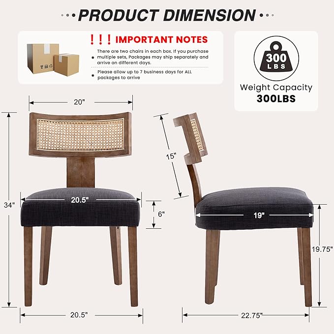 HNY Mid Century Modern Rattan Dining Chairs Set of 6, Farmhouse Linen Upholstered Accent Chair Curved Backrest Kitchen Chairs, with Hardwood Frame, Charcoal