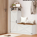 Shoe Cabinet with Bench, L-Shaped Shoe Bench, Storage Bench, Farmhouse Shoe Storage Cabinet with Adjustable Shelves, for Entryway, Living Room, and Stairwell, White and Walnut