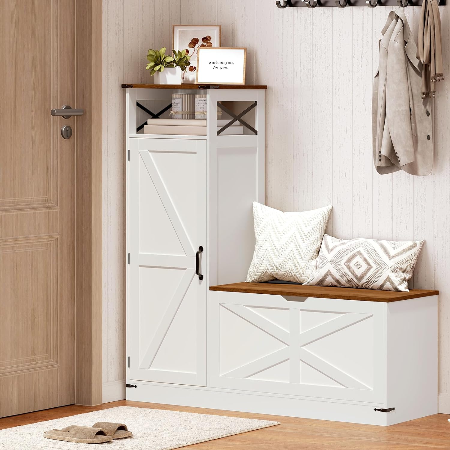 Shoe Cabinet with Bench, L-Shaped Shoe Bench, Storage Bench, Farmhouse Shoe Storage Cabinet with Adjustable Shelves, for Entryway, Living Room, and Stairwell, White and Walnut