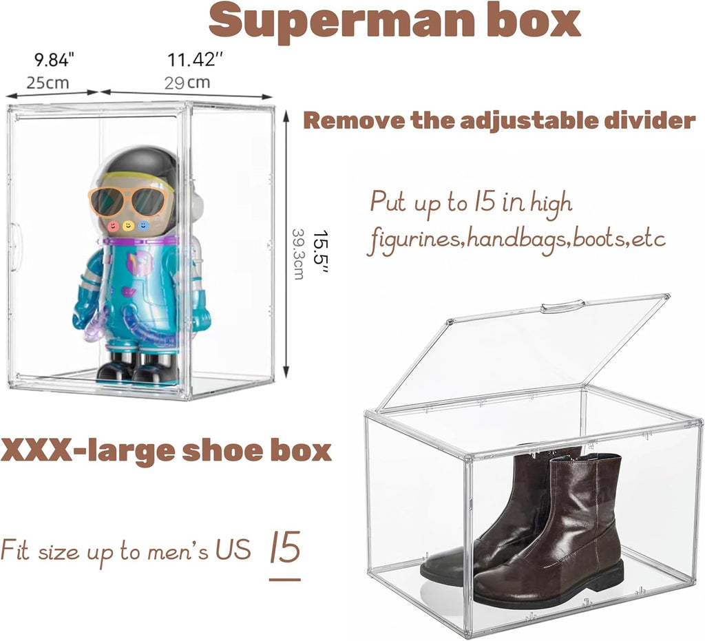 XXX-Large Clear Acrylic Display Case Boot Shoe Storage Boxes With An Adjustable Divider,2 Pack 2 Tiers Clear Plastic Stackable Storage Bins With Lids Big Display Acrylic Box With Magnetic Door