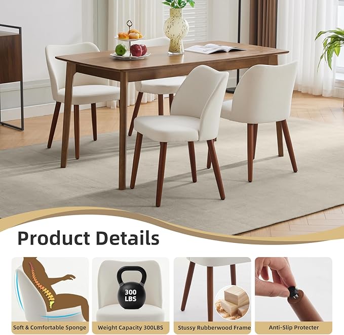 Dining Chair Set of 4, Linen Upholstered Dining Chair with Solid Wood Legs, W...