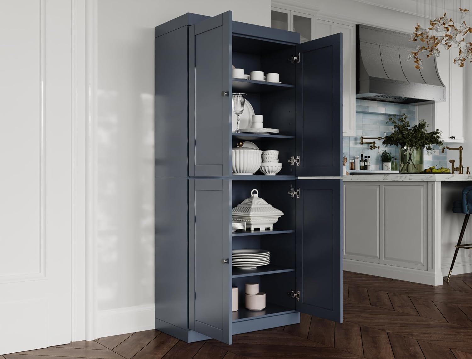 Palace Imports Solid Wood Kitchen Pantry Cabinet - 71.5" Tall x 32" W - Wooden Storage Cabinet w/ 4 Shaker Doors & 4 Adjustable Shelves, Antique Blue, 100% Renewable Eco-Friendly Wood, Made in Brazil
