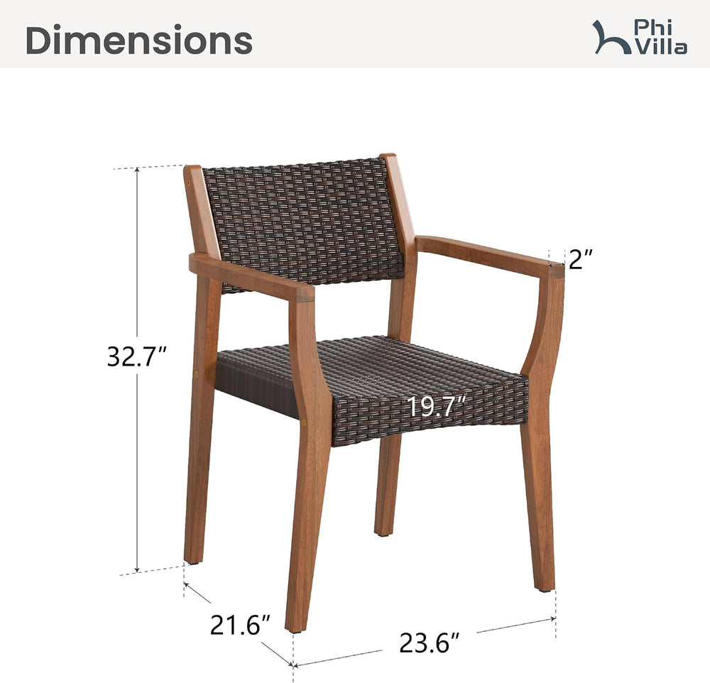 PHI VILLA Patio Acacia Wood Dining Chairs w/Wicker Seat & Back, 2 PCS