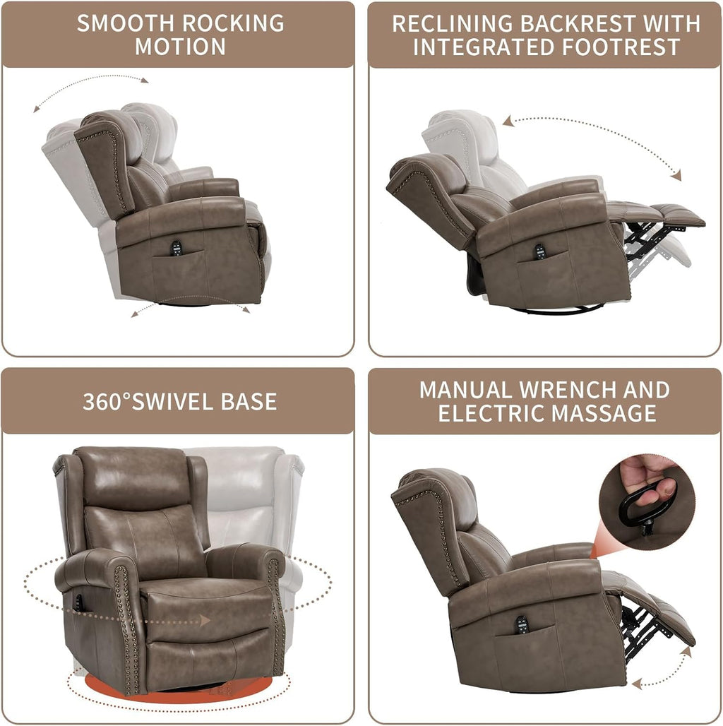 PELUMY Genuine Leather Swivel Rocking Recliner Chair for Adults, 360° Swivel Glider Rocker with Heat & Vibrating Massage, Lounge Chair for Living Room, Bedroom, Nursery Grey