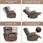 PELUMY Genuine Leather Swivel Rocking Recliner Chair for Adults, 360° Swivel Glider Rocker with Heat & Vibrating Massage, Lounge Chair for Living Room, Bedroom, Nursery Grey