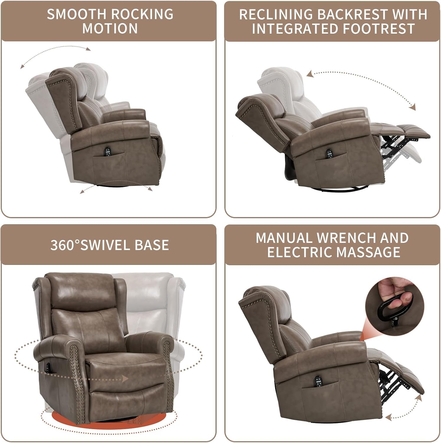 PELUMY Genuine Leather Swivel Rocking Recliner Chair for Adults, 360° Swivel Glider Rocker with Heat & Vibrating Massage, Lounge Chair for Living Room, Bedroom, Nursery Grey